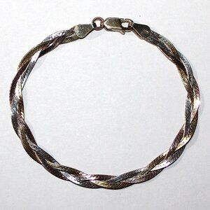 Sterling Silver Tri Colored Herringbone Braided Chain Bracelet 7 inches